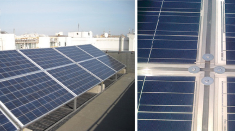 Vedere generala panouri fotovoltaice si detaliu fixare panouri